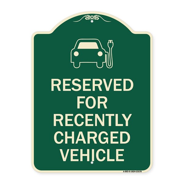Reserved for Recently Charged Vehicle W/ Graphic Heavy-Gauge Aluminum Sign, 24" x 18", G-1824-23178